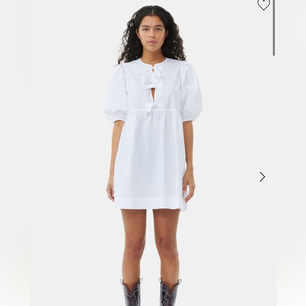 GANNI WHITE COTTON POPLIN TIE STRING MINI DRESS. Size 36